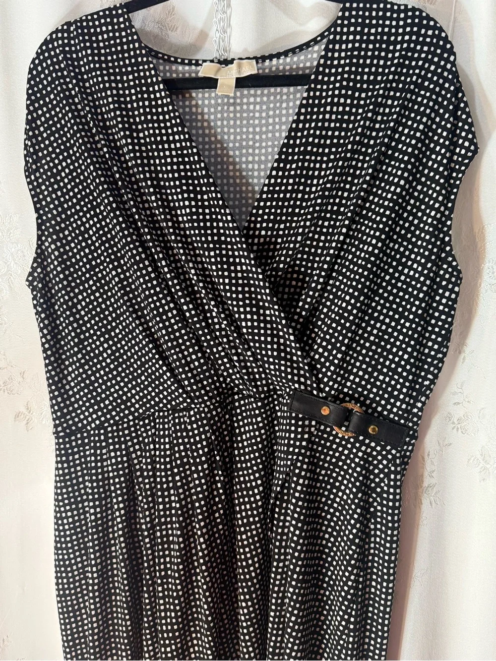 Michael Kors Black and White Checker Midi Wrap Dress